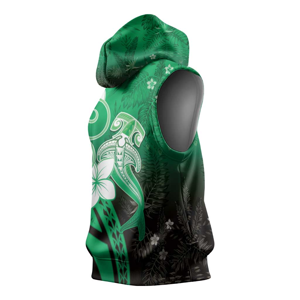 Polynesia Hammerhead Shark Sleeveless Hoodie Green Tribal Pattern With Plumeria - Polynesian Pride