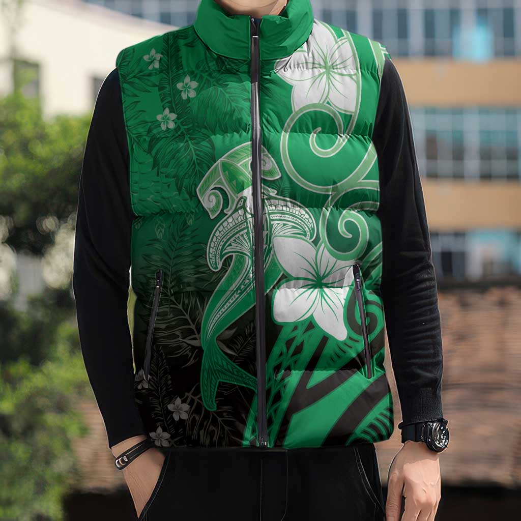 Polynesia Hammerhead Shark Sleeveless Puffer Jacket Green Tribal Pattern With Plumeria - Polynesian Pride