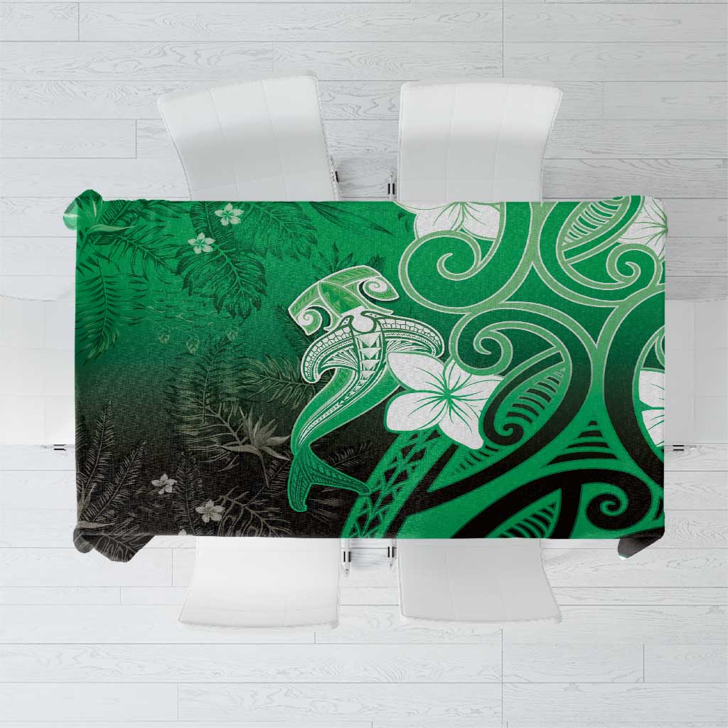 Polynesia Hammerhead Shark Tablecloth Green Tribal Pattern With Plumeria - Polynesian Pride