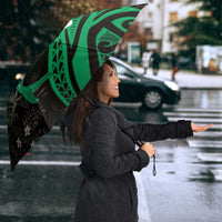 Polynesia Hammerhead Shark Umbrella Green Tribal Pattern With Plumeria - Polynesian Pride