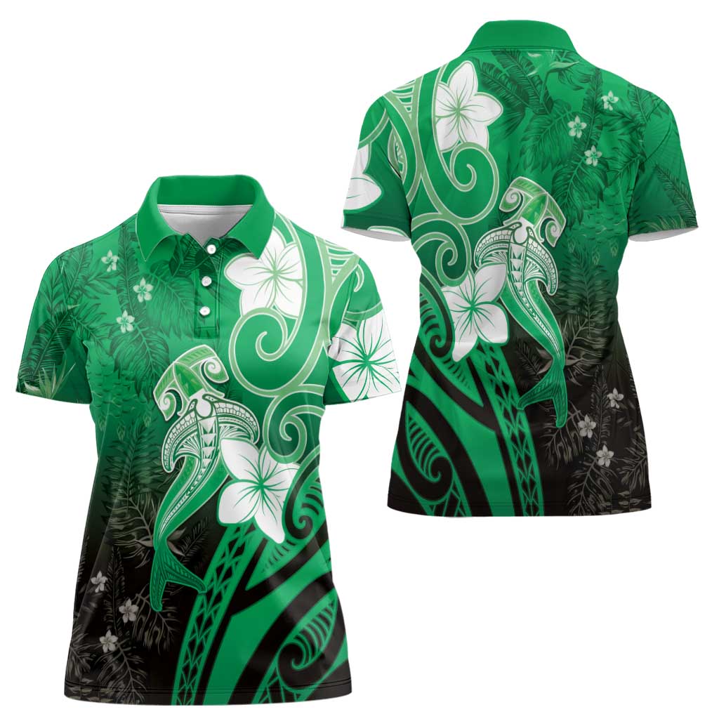 Polynesia Hammerhead Shark Women Polo Shirt Green Tribal Pattern With Plumeria - Polynesian Pride