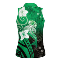 Polynesia Hammerhead Shark Women Sleeveless Polo Shirt Green Tribal Pattern With Plumeria - Polynesian Pride