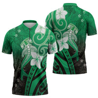 Polynesia Hammerhead Shark Zipper Polo Shirt Green Tribal Pattern With Plumeria - Polynesian Pride
