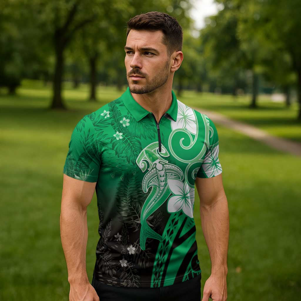 Polynesia Hammerhead Shark Zipper Polo Shirt Green Tribal Pattern With Plumeria - Polynesian Pride