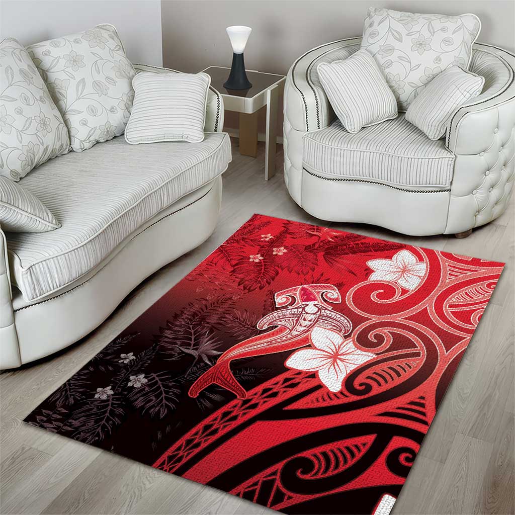 Polynesia Hammerhead Shark Area Rug Red Tribal Pattern With Plumeria - Polynesian Pride