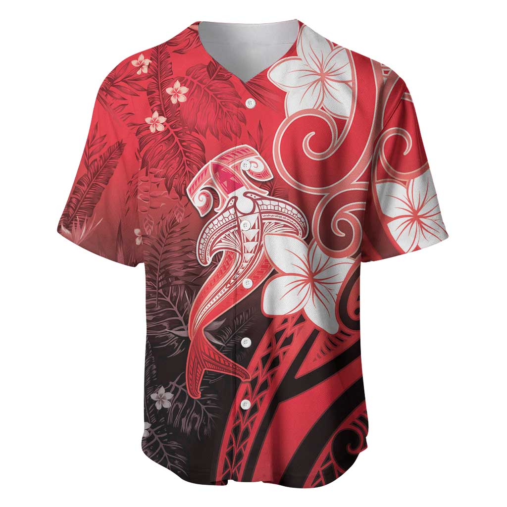 Polynesia Hammerhead Shark Baseball Jersey Red Tribal Pattern With Plumeria - Polynesian Pride