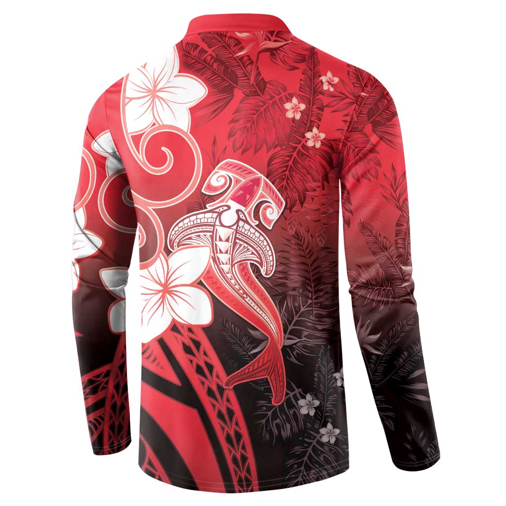 Polynesia Hammerhead Shark Button Sweatshirt Red Tribal Pattern With Plumeria - Polynesian Pride