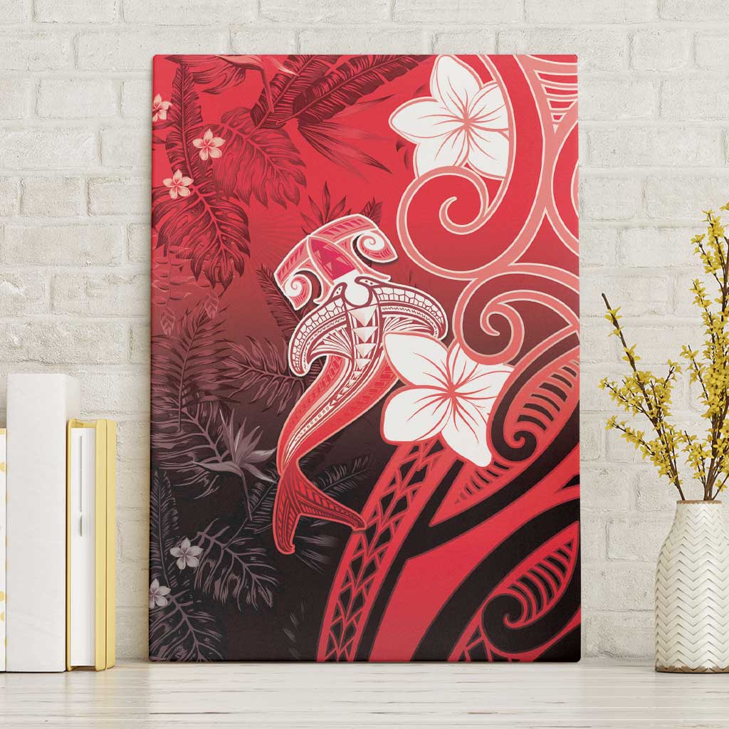 Polynesia Hammerhead Shark Canvas Wall Art Red Tribal Pattern With Plumeria - Polynesian Pride