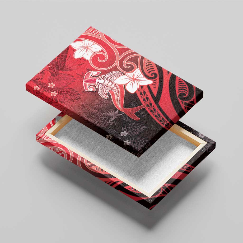 Polynesia Hammerhead Shark Canvas Wall Art Red Tribal Pattern With Plumeria - Polynesian Pride