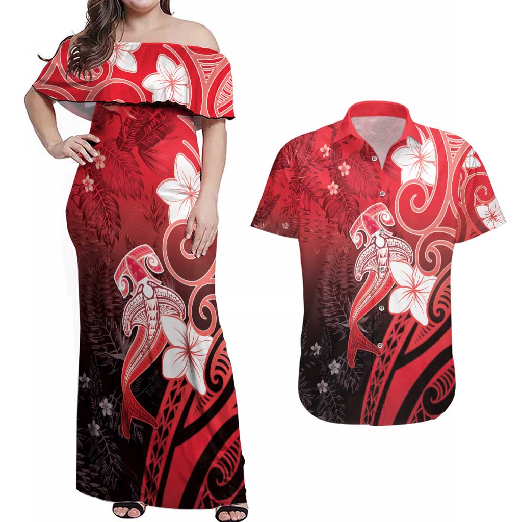 Polynesia Hammerhead Shark Couples Matching Off Shoulder Maxi Dress and Hawaiian Shirt Red Tribal Pattern With Plumeria - Polynesian Pride