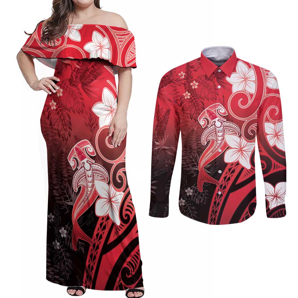 Polynesia Hammerhead Shark Couples Matching Off Shoulder Maxi Dress and Long Sleeve Button Shirt Red Tribal Pattern With Plumeria - Polynesian Pride