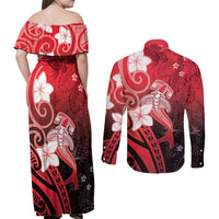 Polynesia Hammerhead Shark Couples Matching Off Shoulder Maxi Dress and Long Sleeve Button Shirt Red Tribal Pattern With Plumeria - Polynesian Pride
