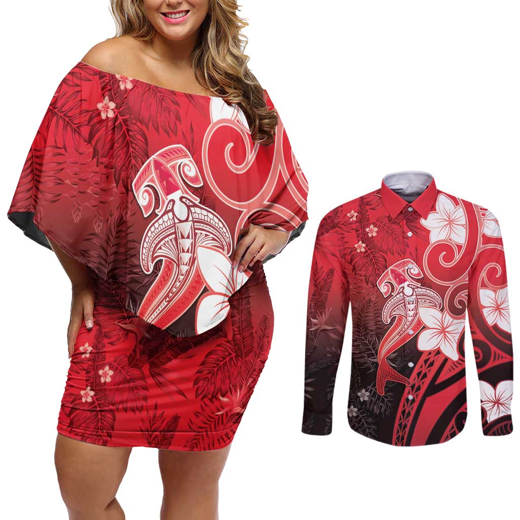 Polynesia Hammerhead Shark Couples Matching Off Shoulder Short Dress and Long Sleeve Button Shirt Red Tribal Pattern With Plumeria - Polynesian Pride