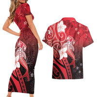 Polynesia Hammerhead Shark Couples Matching Short Sleeve Bodycon Dress and Hawaiian Shirt Red Tribal Pattern With Plumeria - Polynesian Pride