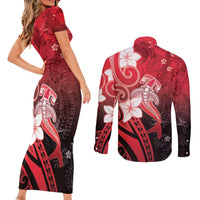 Polynesia Hammerhead Shark Couples Matching Short Sleeve Bodycon Dress and Long Sleeve Button Shirt Red Tribal Pattern With Plumeria - Polynesian Pride