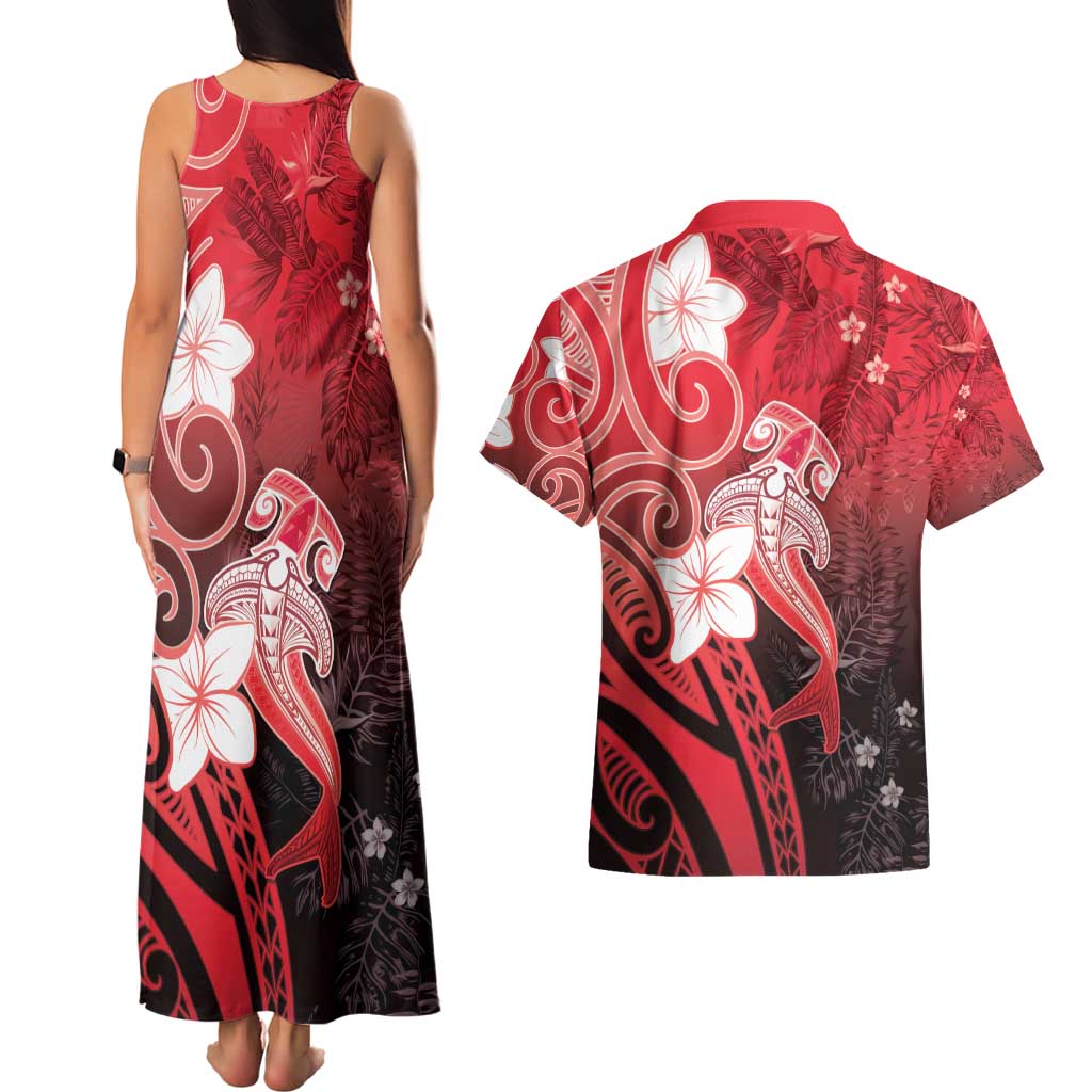 Polynesia Hammerhead Shark Couples Matching Tank Maxi Dress and Hawaiian Shirt Red Tribal Pattern With Plumeria - Polynesian Pride