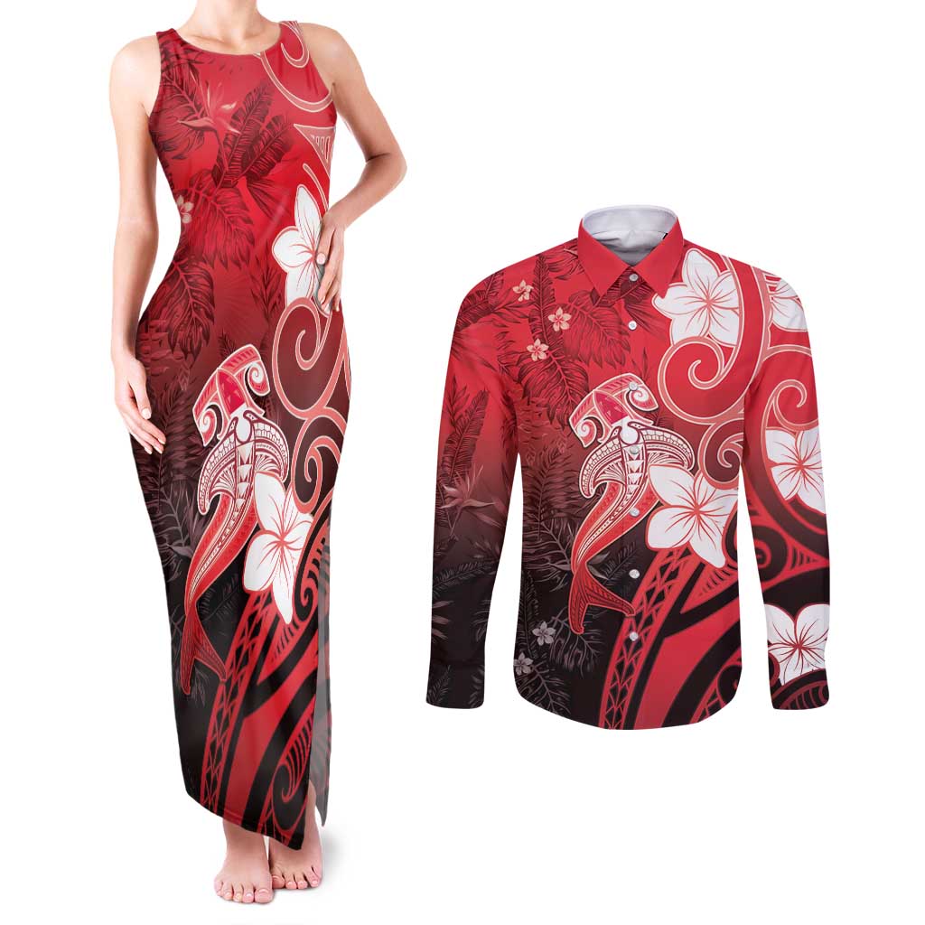 Polynesia Hammerhead Shark Couples Matching Tank Maxi Dress and Long Sleeve Button Shirt Red Tribal Pattern With Plumeria - Polynesian Pride