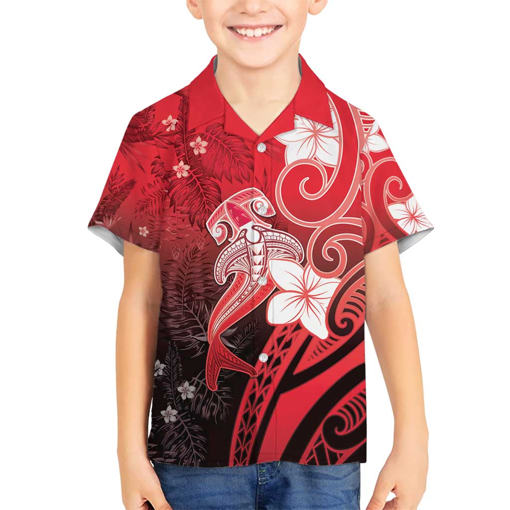 Polynesia Hammerhead Shark Family Matching Long Sleeve Bodycon Dress and Hawaiian Shirt Red Tribal Pattern With Plumeria - Polynesian Pride