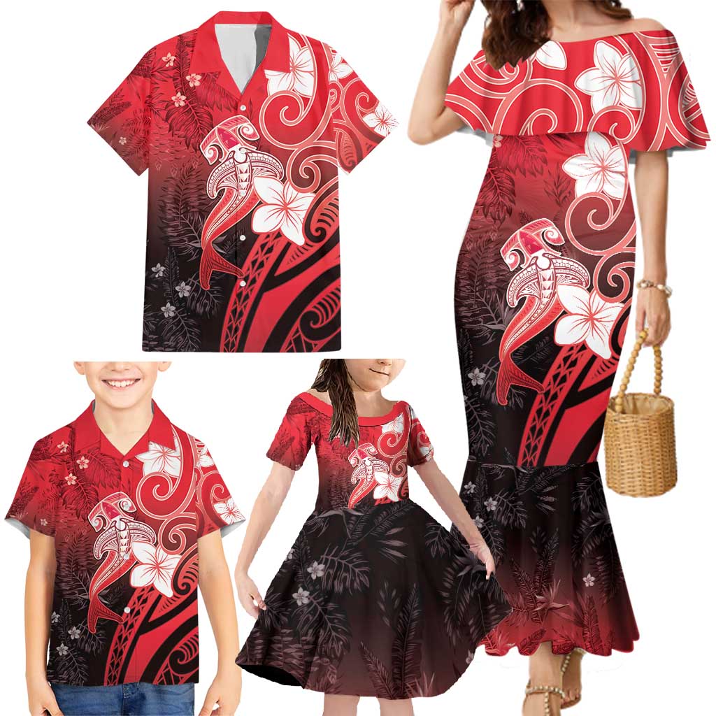 Polynesia Hammerhead Shark Family Matching Mermaid Dress and Hawaiian Shirt Red Tribal Pattern With Plumeria - Polynesian Pride