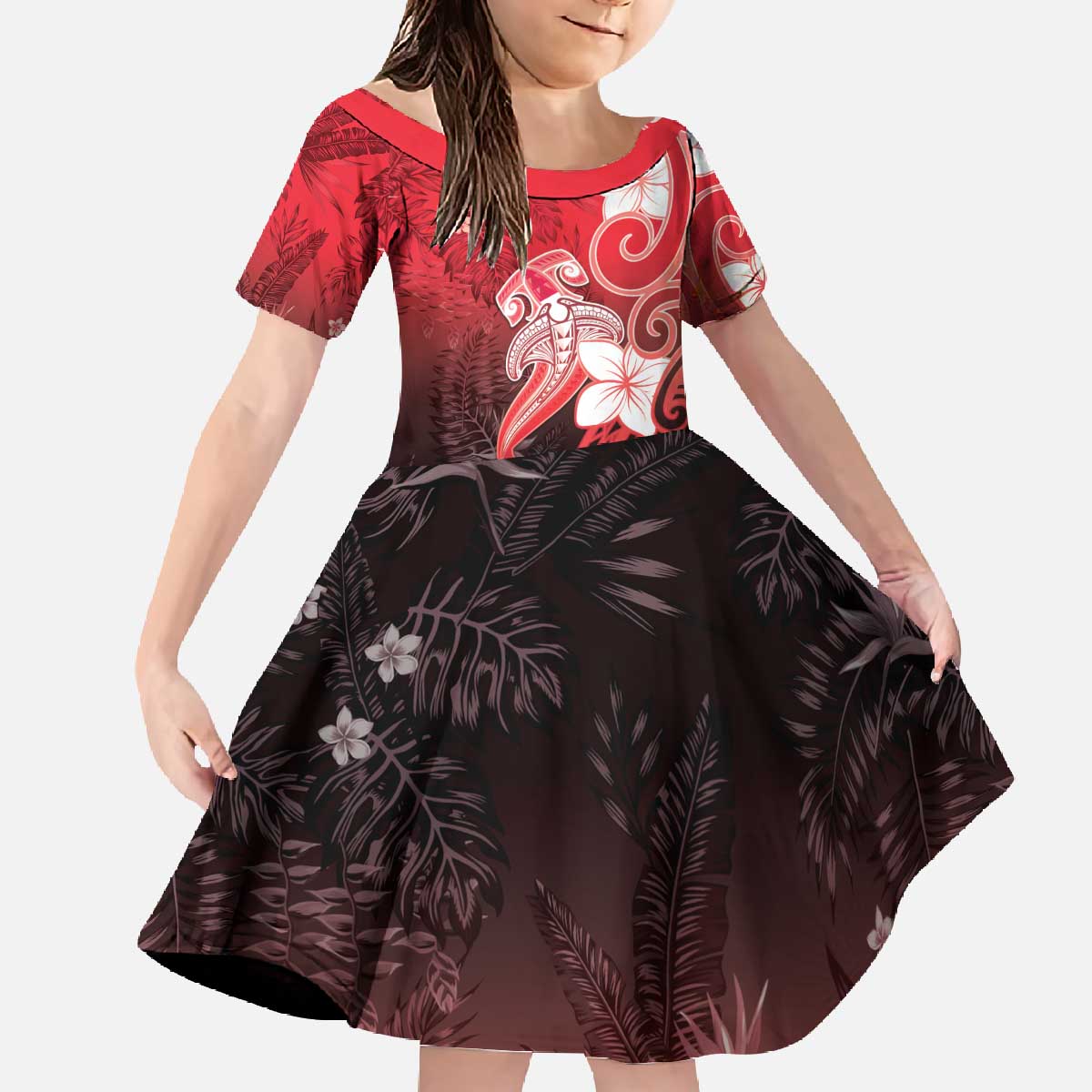 Polynesia Hammerhead Shark Family Matching Off The Shoulder Long Sleeve Dress and Hawaiian Shirt Red Tribal Pattern With Plumeria - Polynesian Pride