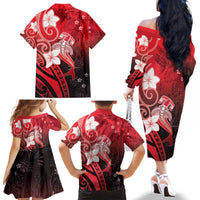 Polynesia Hammerhead Shark Family Matching Off The Shoulder Long Sleeve Dress and Hawaiian Shirt Red Tribal Pattern With Plumeria - Polynesian Pride