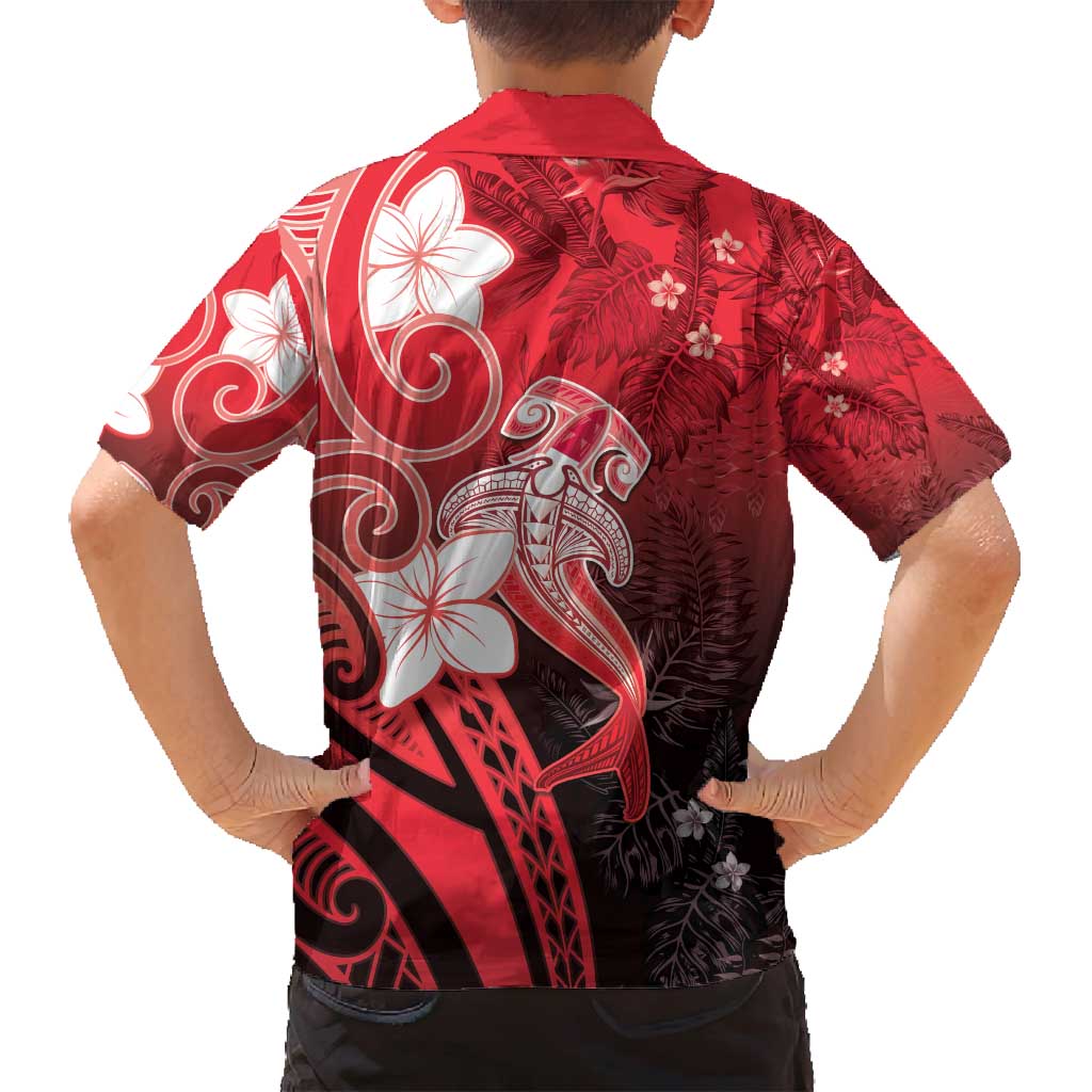 Polynesia Hammerhead Shark Family Matching Off Shoulder Maxi Dress and Hawaiian Shirt Red Tribal Pattern With Plumeria - Polynesian Pride