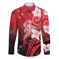 Polynesia Hammerhead Shark Family Matching Off Shoulder Maxi Dress and Hawaiian Shirt Red Tribal Pattern With Plumeria - Polynesian Pride