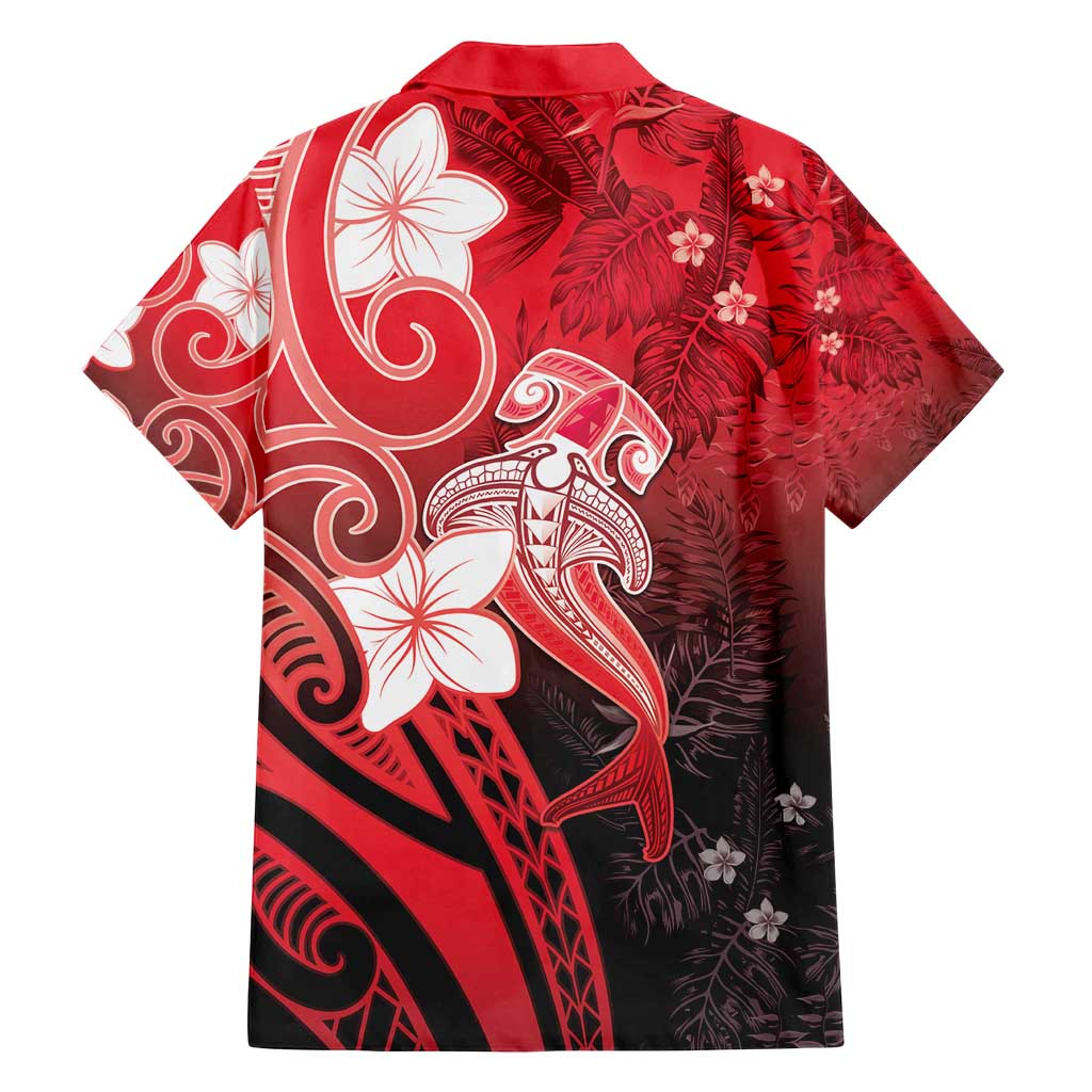 Polynesia Hammerhead Shark Family Matching Off Shoulder Short Dress and Hawaiian Shirt Red Tribal Pattern With Plumeria - Polynesian Pride