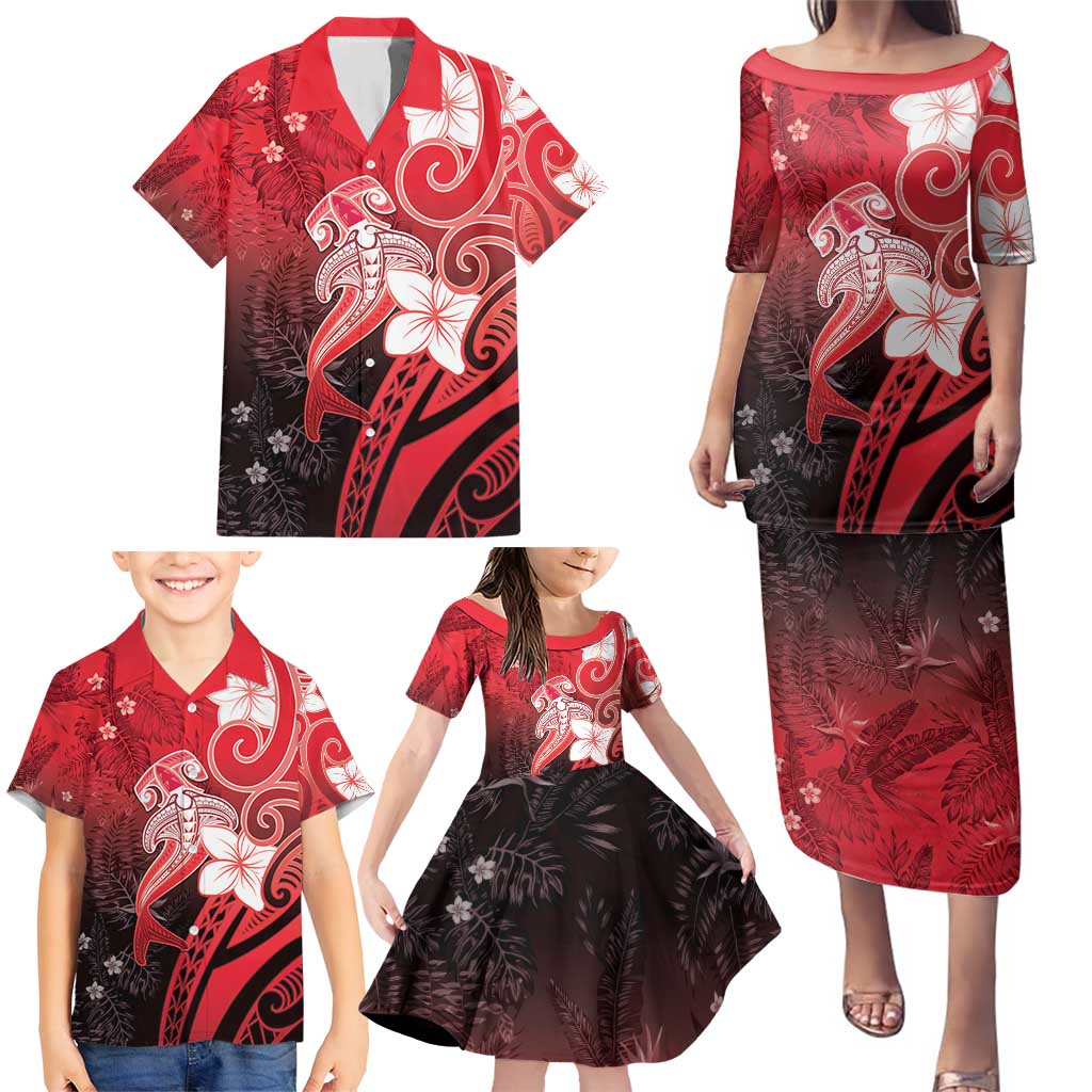 Polynesia Hammerhead Shark Family Matching Puletasi and Hawaiian Shirt Red Tribal Pattern With Plumeria - Polynesian Pride