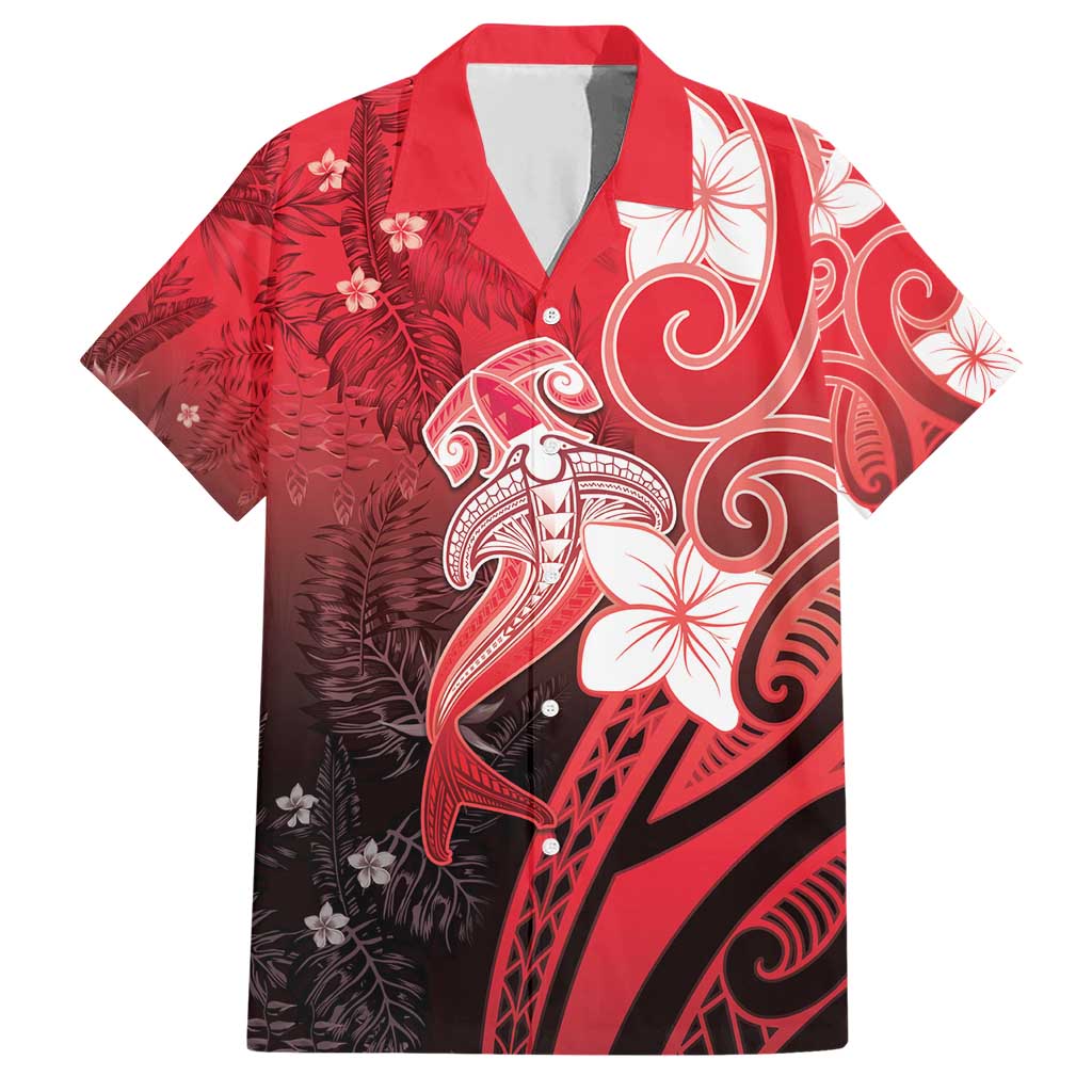 Polynesia Hammerhead Shark Family Matching Short Sleeve Bodycon Dress and Hawaiian Shirt Red Tribal Pattern With Plumeria - Polynesian Pride