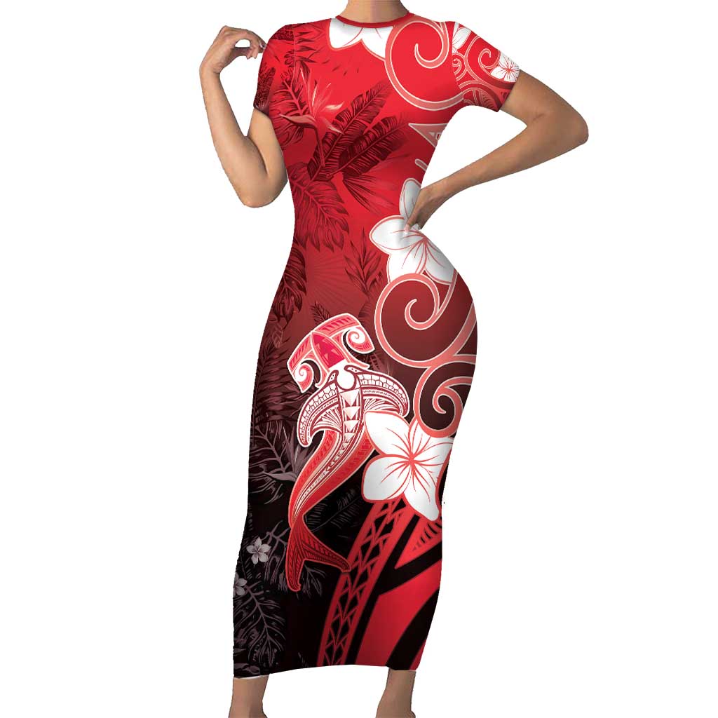Polynesia Hammerhead Shark Family Matching Short Sleeve Bodycon Dress and Hawaiian Shirt Red Tribal Pattern With Plumeria - Polynesian Pride