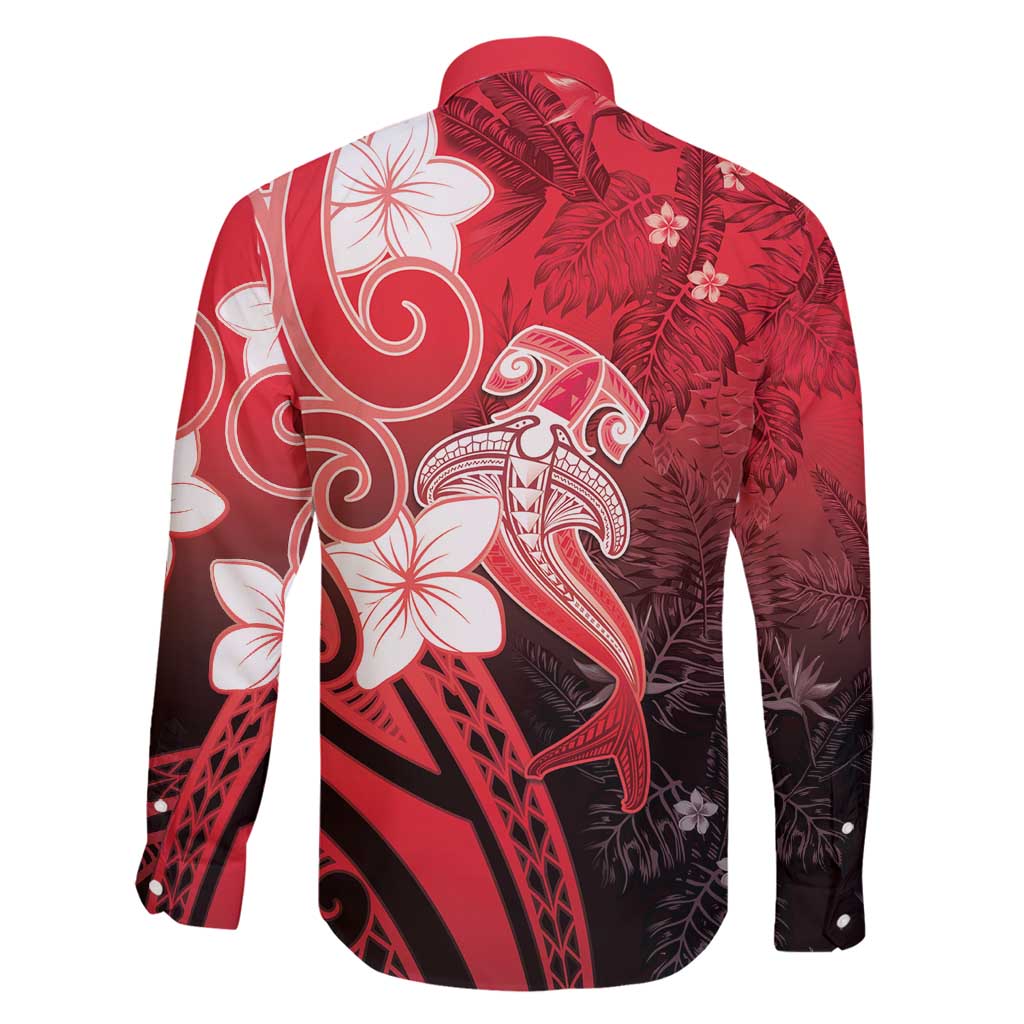 Polynesia Hammerhead Shark Family Matching Tank Maxi Dress and Hawaiian Shirt Red Tribal Pattern With Plumeria - Polynesian Pride
