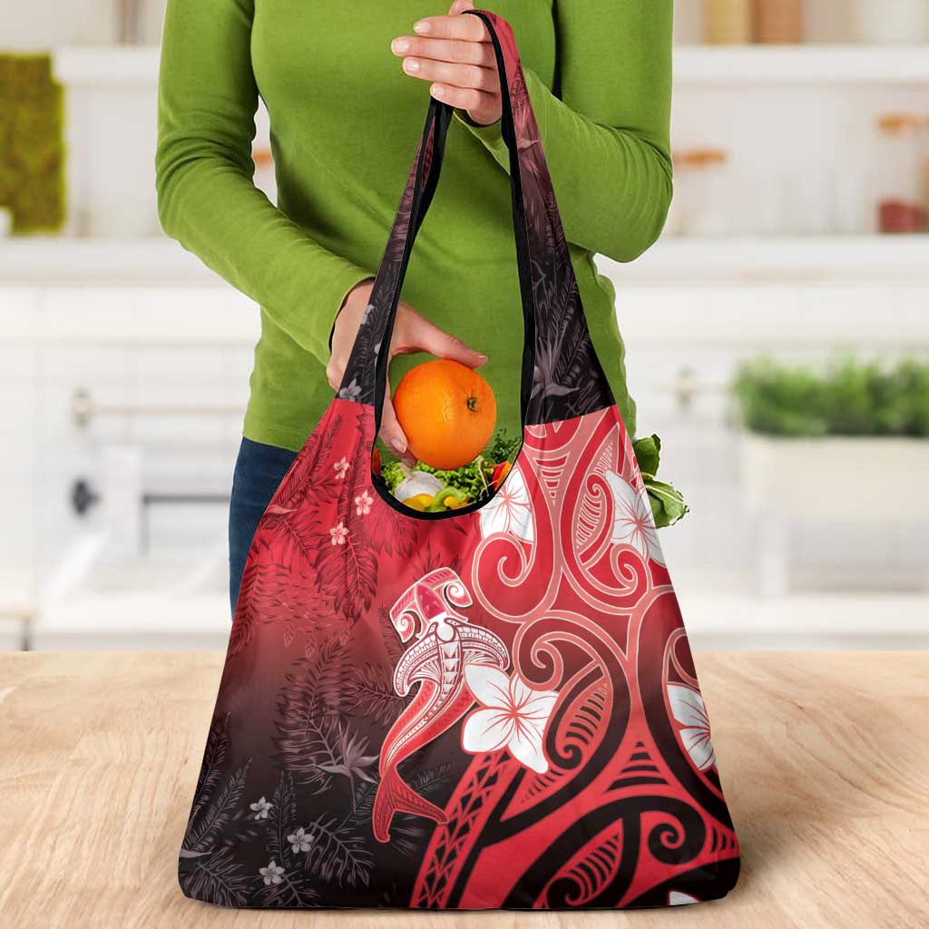 Polynesia Hammerhead Shark Grocery Bag Red Tribal Pattern With Plumeria - Polynesian Pride