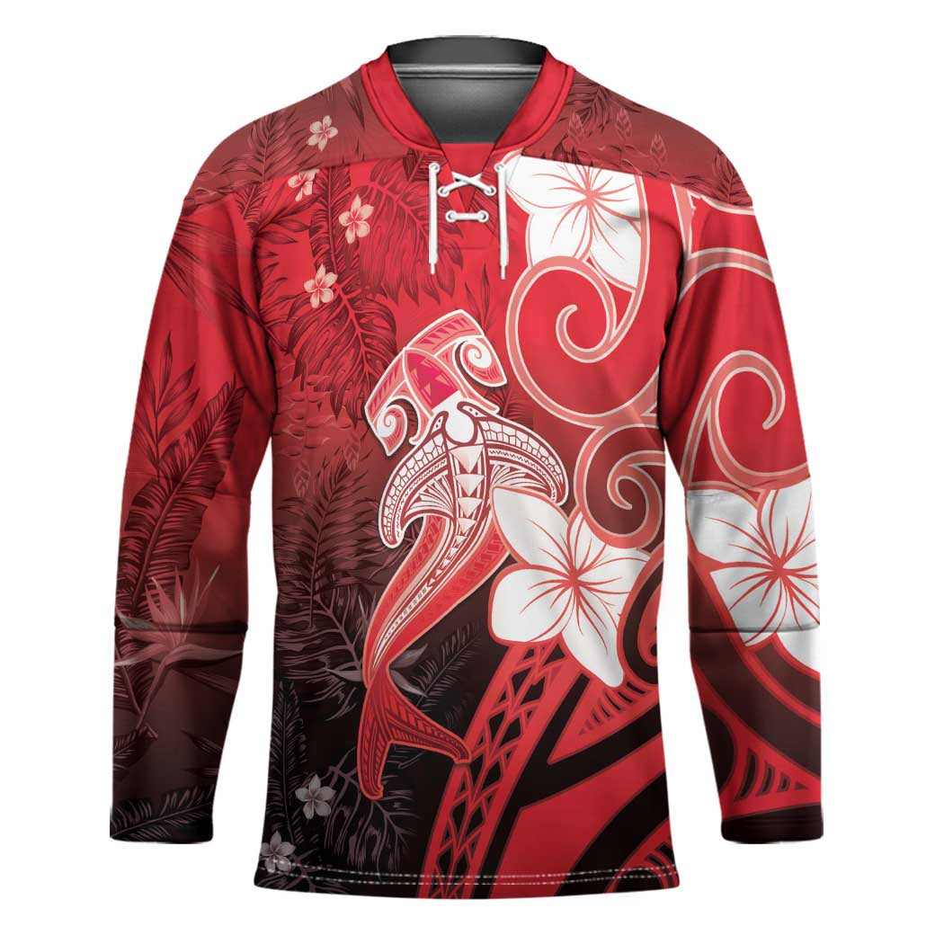 Polynesia Hammerhead Shark Hockey Jersey Red Tribal Pattern With Plumeria - Polynesian Pride