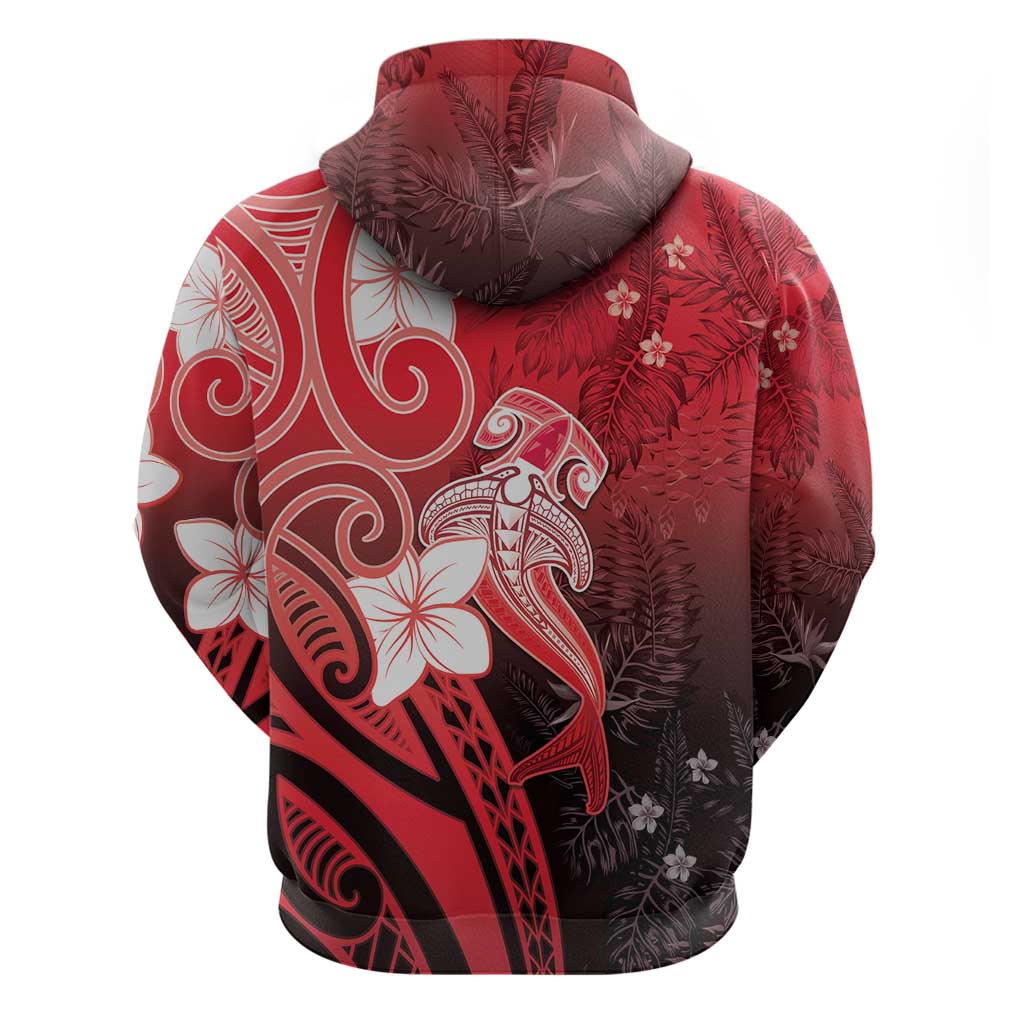 Polynesia Hammerhead Shark Hoodie Red Tribal Pattern With Plumeria - Polynesian Pride