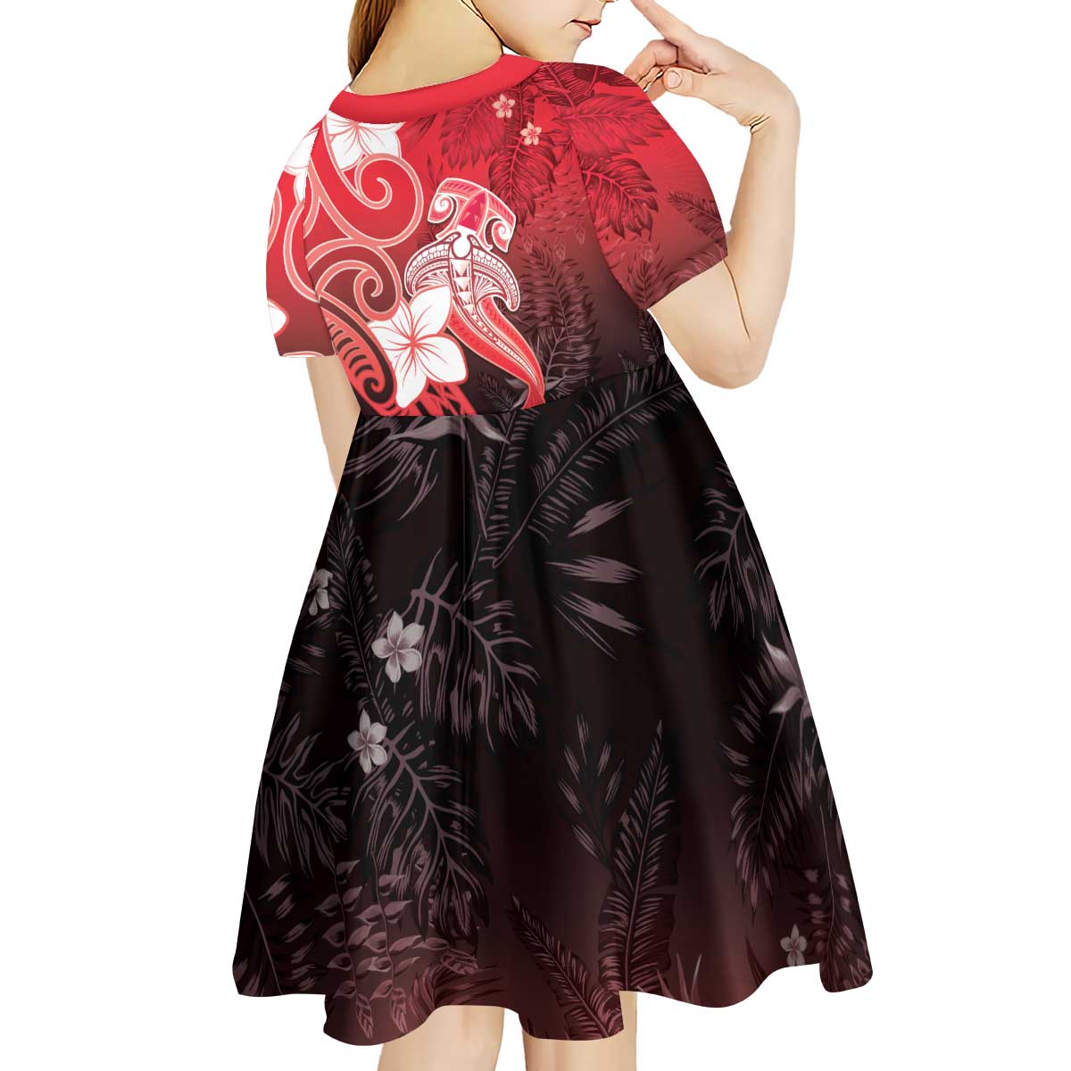 Polynesia Hammerhead Shark Kid Short Sleeve Dress Red Tribal Pattern With Plumeria - Polynesian Pride