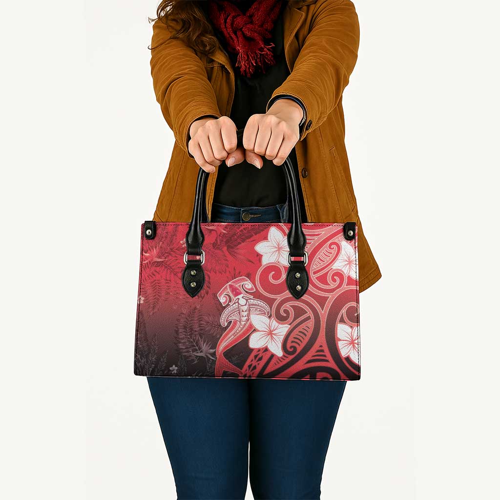 Polynesia Hammerhead Shark Leather Bag Red Tribal Pattern With Plumeria - Polynesian Pride