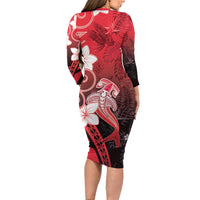 Polynesia Hammerhead Shark Long Sleeve Bodycon Dress Red Tribal Pattern With Plumeria - Polynesian Pride