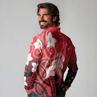 Polynesia Hammerhead Shark Long Sleeve Polo Shirt Red Tribal Pattern With Plumeria - Polynesian Pride