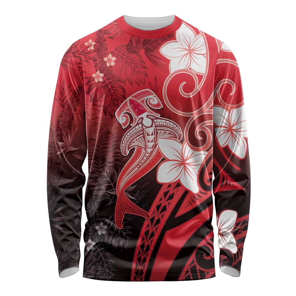 Polynesia Hammerhead Shark Long Sleeve Shirt Red Tribal Pattern With Plumeria - Polynesian Pride