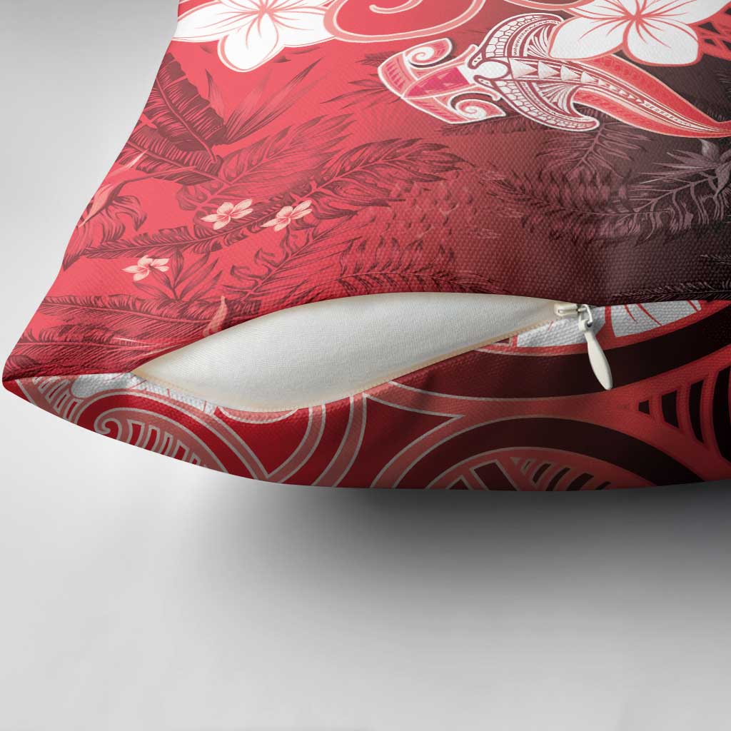 Polynesia Hammerhead Shark Pillow Cover Red Tribal Pattern With Plumeria - Polynesian Pride