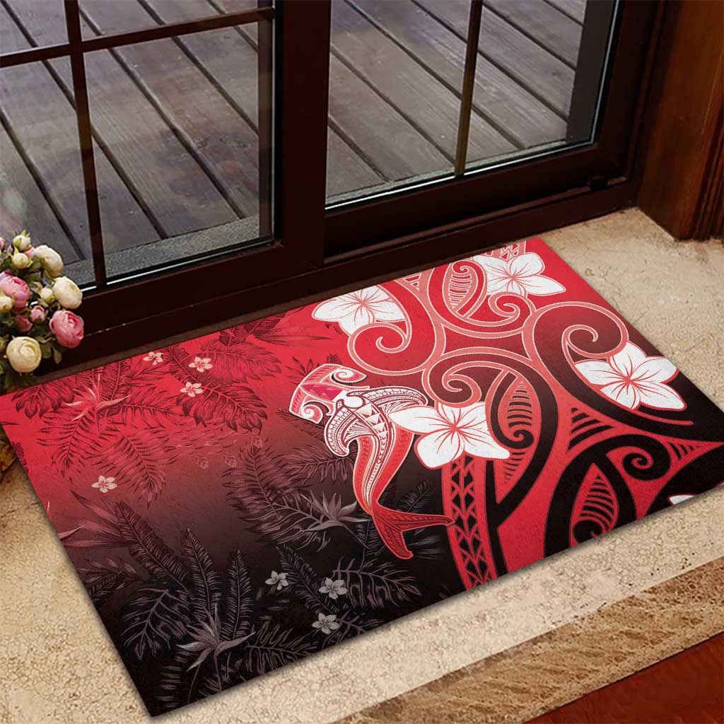 Polynesia Hammerhead Shark Rubber Doormat Red Tribal Pattern With Plumeria - Polynesian Pride