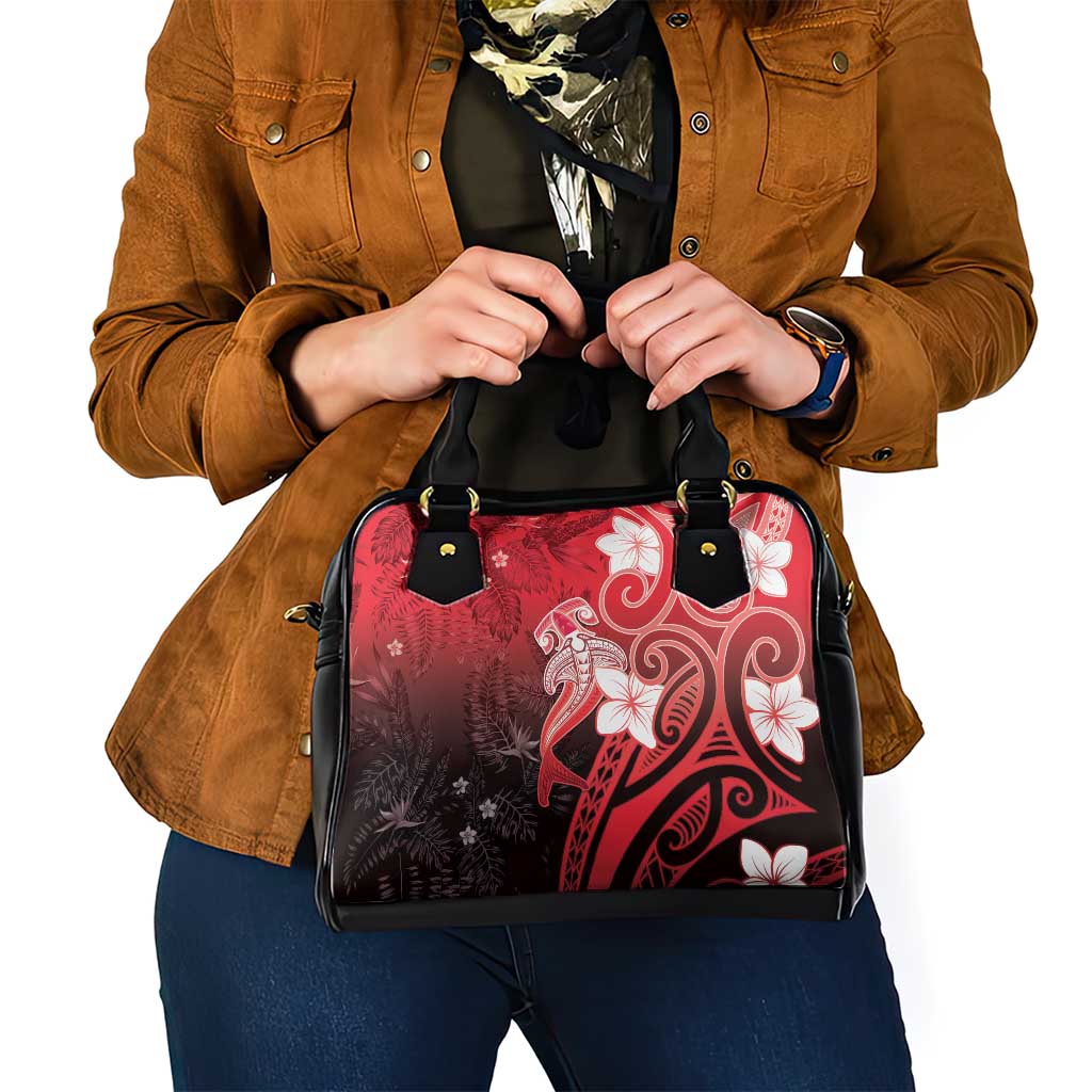 Polynesia Hammerhead Shark Shoulder Handbag Red Tribal Pattern With Plumeria - Polynesian Pride