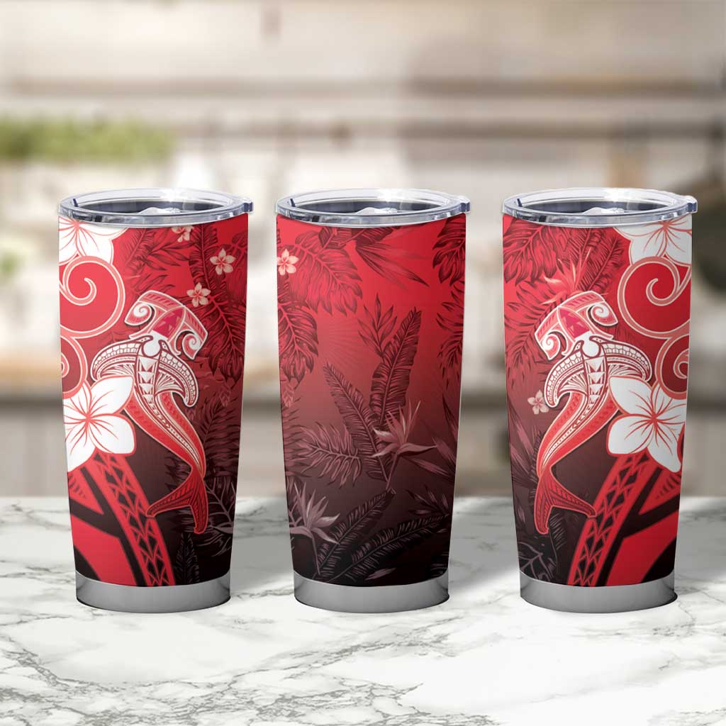 Polynesia Hammerhead Shark Tumbler Cup Red Tribal Pattern With Plumeria - Polynesian Pride
