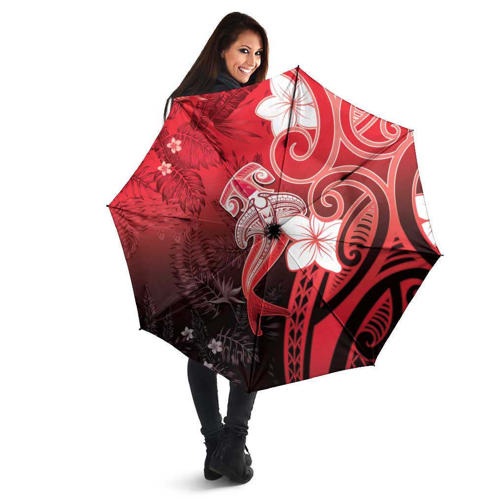 Polynesia Hammerhead Shark Umbrella Red Tribal Pattern With Plumeria - Polynesian Pride
