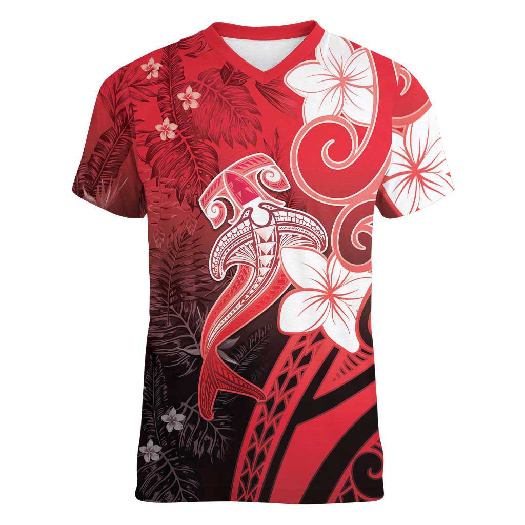 Polynesia Hammerhead Shark Women V-Neck T-Shirt Red Tribal Pattern With Plumeria - Polynesian Pride