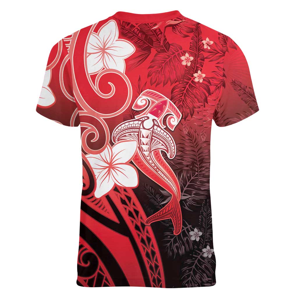 Polynesia Hammerhead Shark Women V-Neck T-Shirt Red Tribal Pattern With Plumeria - Polynesian Pride