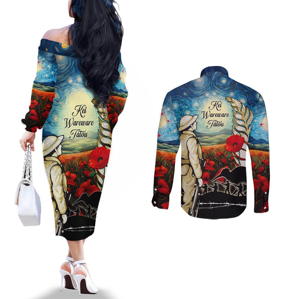 Kei Wareware Tatou New Zealand ANZAC Day Couples Matching Off The Shoulder Long Sleeve Dress and Long Sleeve Button Shirt Starry Night Inspo Style LT05 - Polynesian Pride
