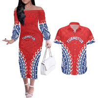 Custom Tuamotu Archipelago Couples Matching Off The Shoulder Long Sleeve Dress and Hawaiian Shirt Polynesian Tribal Tattoo