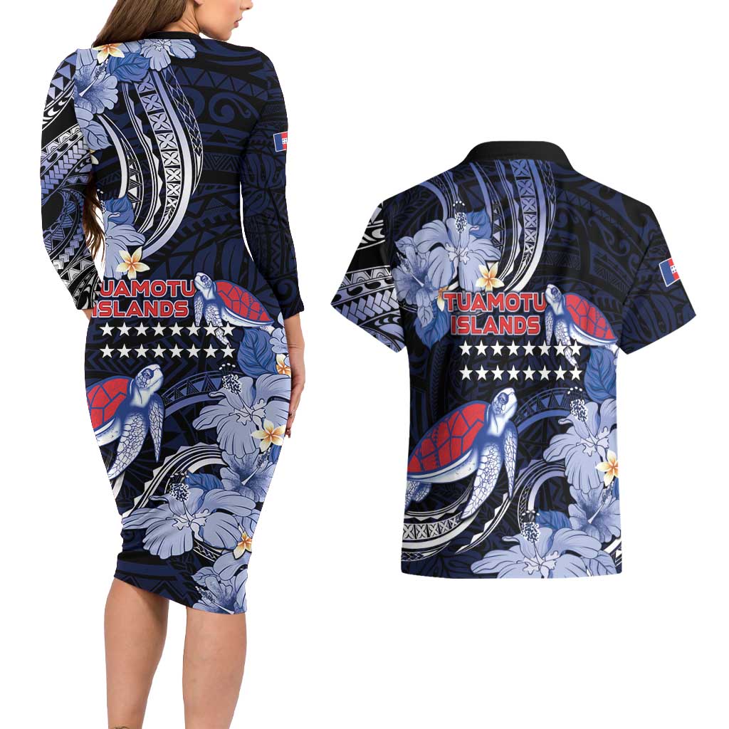 Tuamotu Islands Couples Matching Long Sleeve Bodycon Dress and Hawaiian Shirt Polynesian Pattern With Turtle